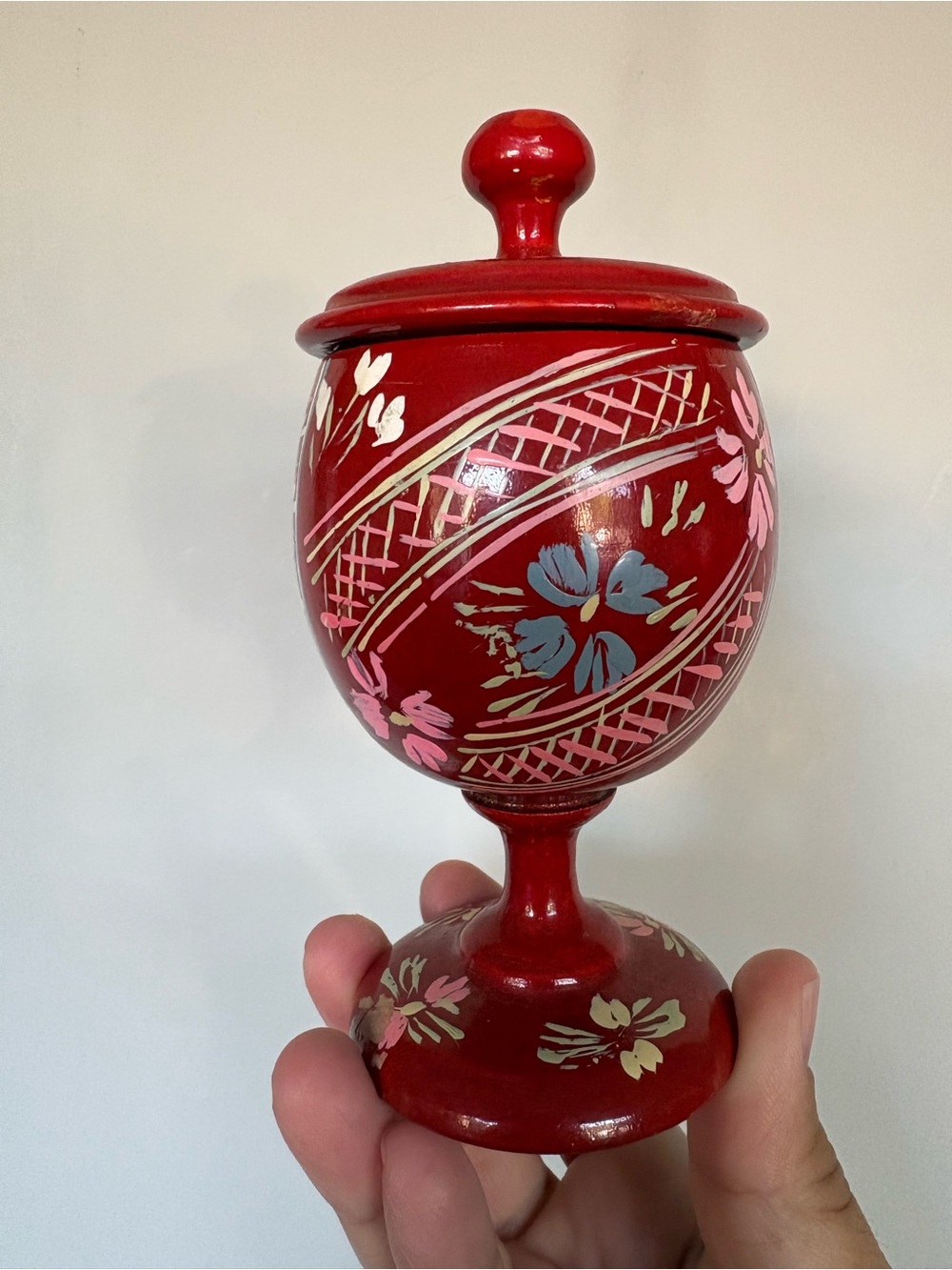 Vintage 1970s Eastern European Hand-Painted Wooden Sugar Pot / Salt Vessel
